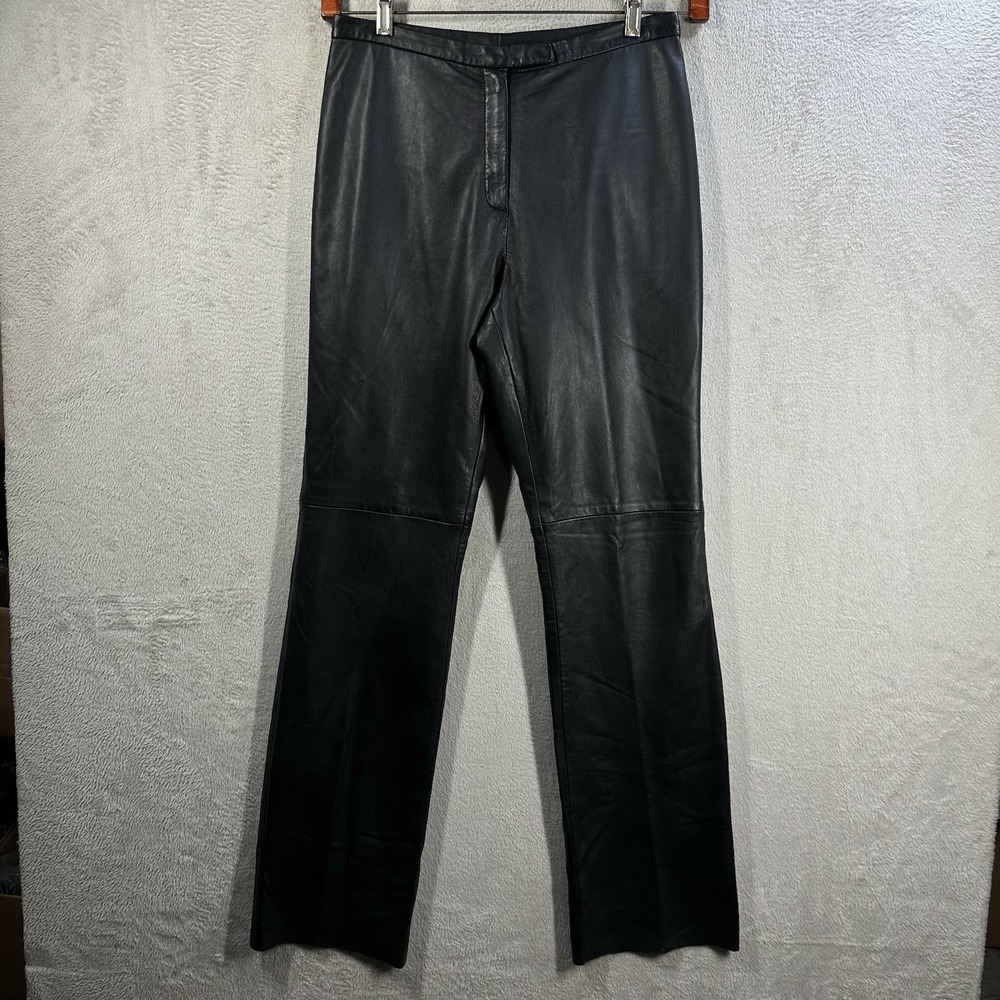 New Frontier Black 100% Leather Pant Women Sz 8‎ High Rise Lined Moto Unhemmed